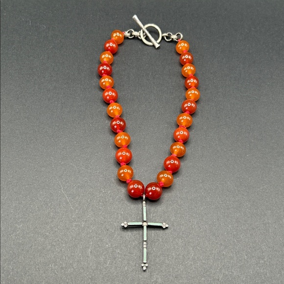 Vintage LUCKY BRAND Cross Necklace Carnelian Beads Hand Knotted 16" - Picture 3 of 9